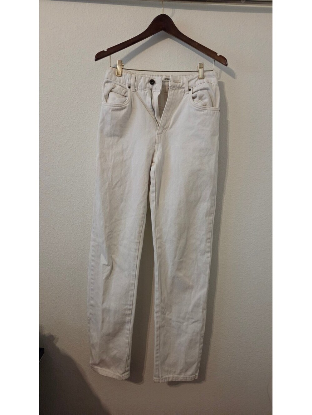 Women's White Long Straight-Leg Denim Jeans, Size 27, Classic Five-Pocket Design